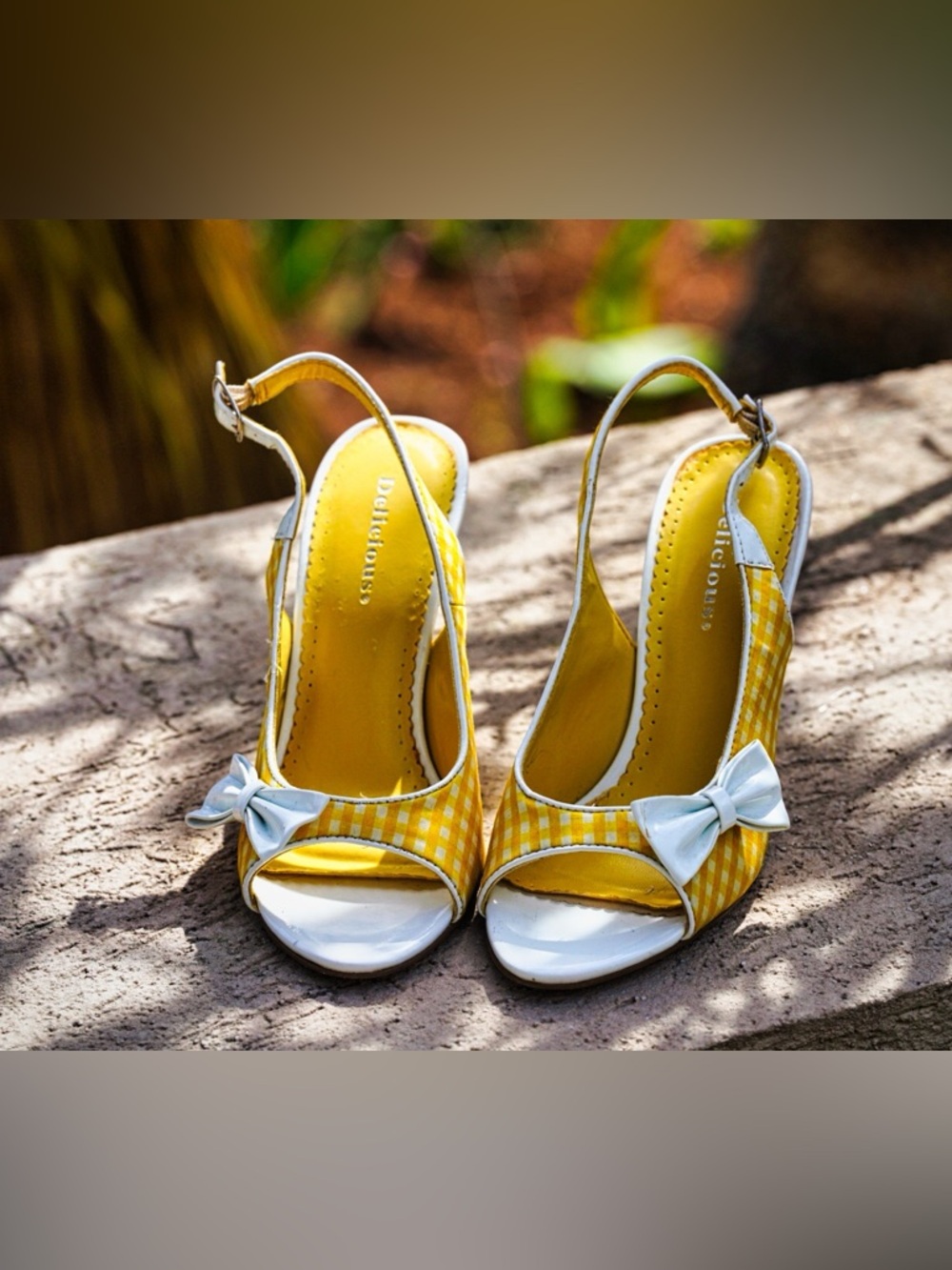 Delicious Yellow & White Gingham Peep Toe Slingback Heels - Picture 7 of 15